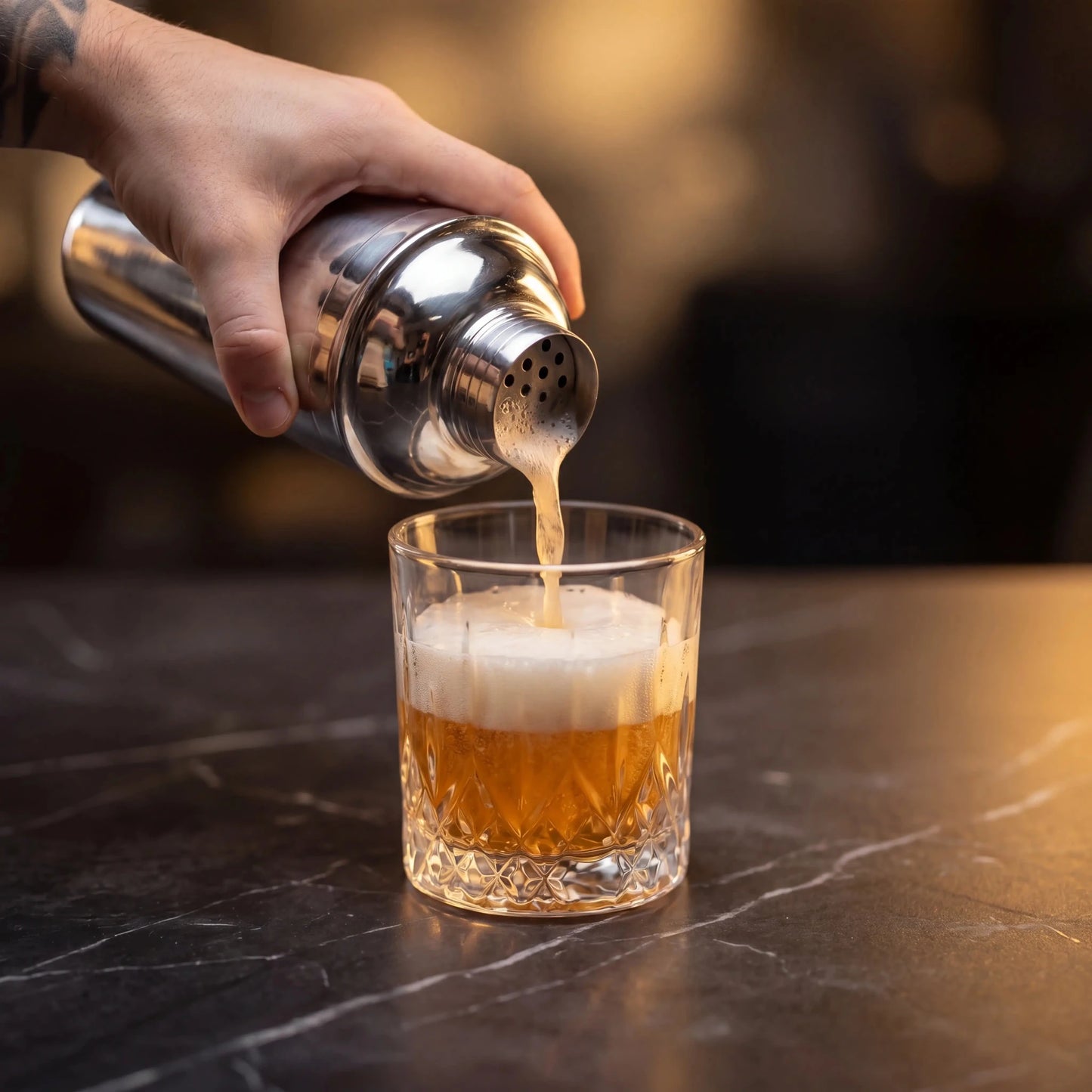 Shaker de Cocktail din 3 piese 750ml în timpul utilizării, turnarea cocktailului într-un pahar de vin.