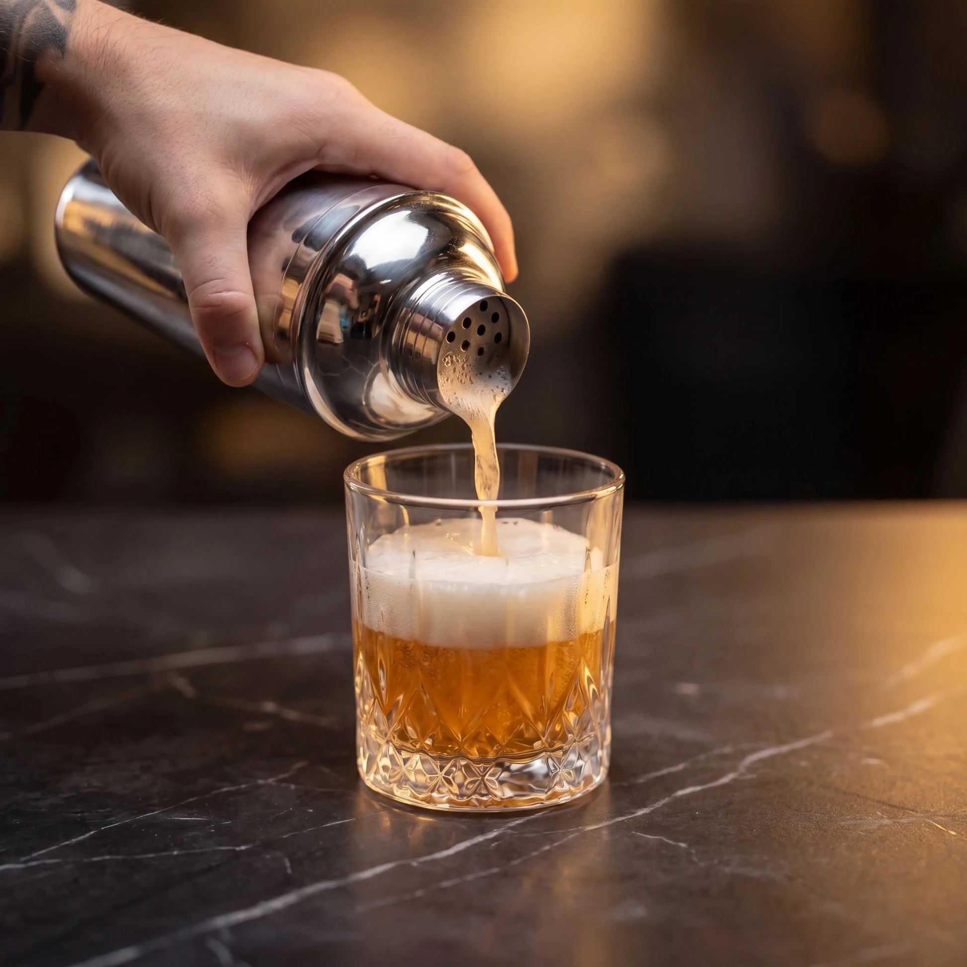 Shaker de Cocktail din 3 piese 750ml în timpul utilizării, turnarea cocktailului într-un pahar de vin.