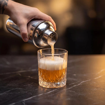 Shaker de Cocktail din 3 piese 750ml în timpul utilizării, turnarea cocktailului într-un pahar de vin.