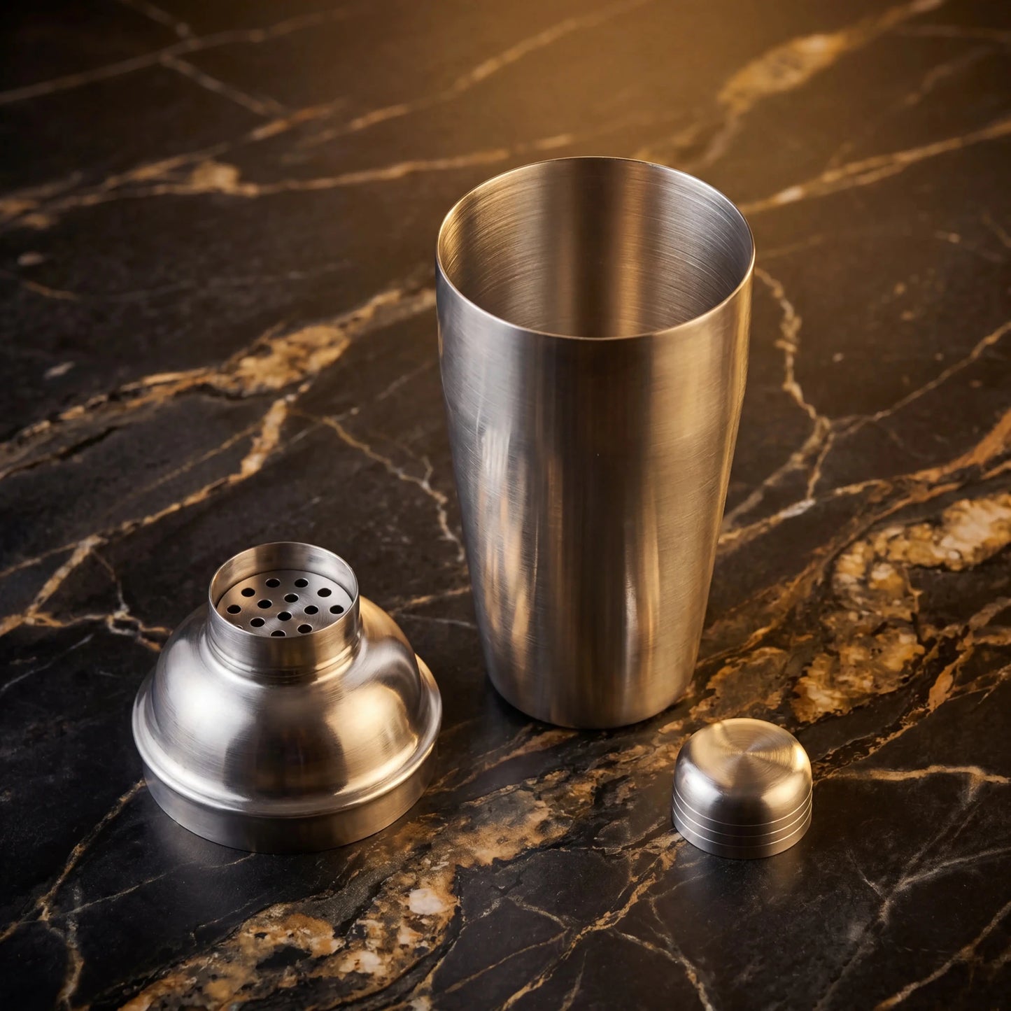 Shaker de Cocktail din 3 piese 750ml - accesorii de mixat din oțel inoxidabil pe o suprafață elegantă de marmură.