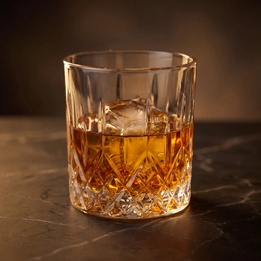 Pahar de Whisky cu Model Cristalin 330ml plin cu băutură bourbon, cu model cristalin elegant.