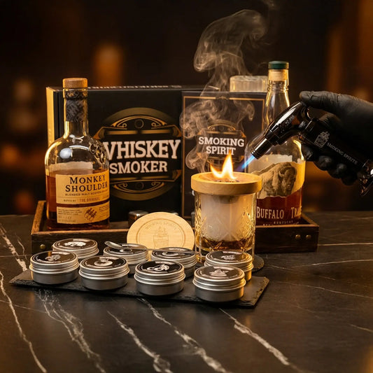 Set de Afumare Whiskey - Set de afumare pentru whiskey și cocktailuri, cu unealtă profesională și așchii de lemn.